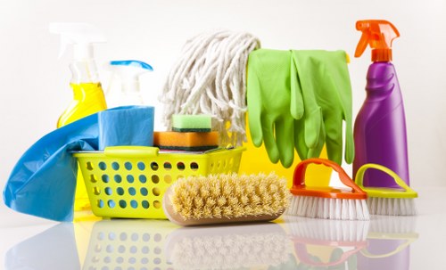 Trained carpet cleaning staff using protective equipment during a service